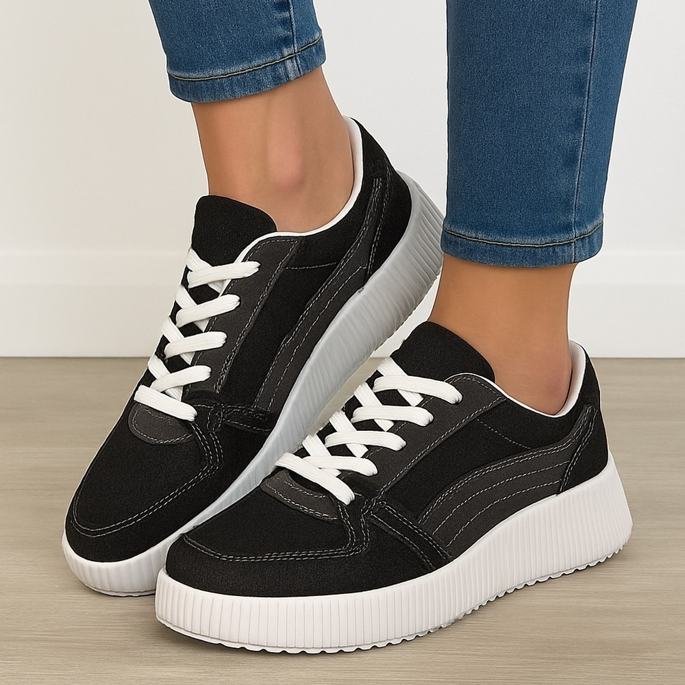 Black Denim Platform Sneakers Women’s New In Box - Picture 3 of 4